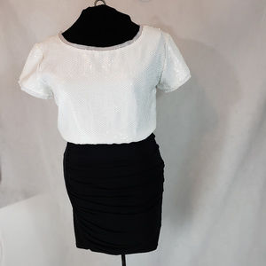 BCBGeneration Sequin Bodice Wht/Blk Ruched Skirt